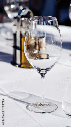 Restaurant table setting, for a wedding party. Empty glasses for wine and water