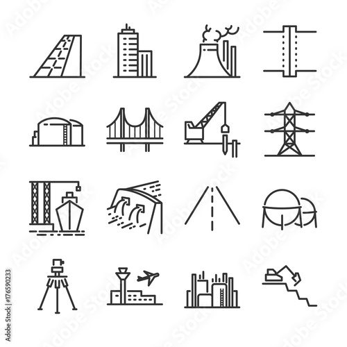 Engineering line icon set. Included the icons as building, dam, industrial, silo, power plant, estate and more.