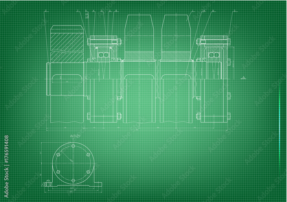 Machine-building drawings on a green background