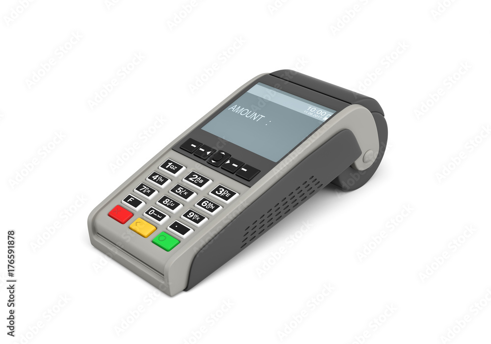3d rendering of an empty POS-terminal with a screen showing a lettering AMOUNT and no numbers. 3d rendering of an empty POS-terminal with a screen showing a lettering AMOUNT and no numbers.