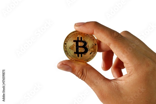 Hand Holding Golden Bitcoin isolated on white background