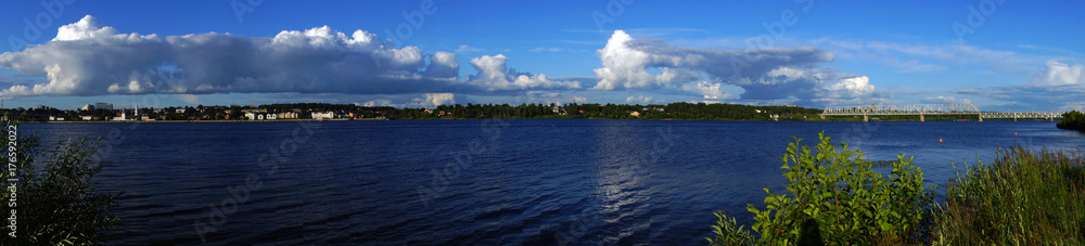 Kostroma. Afternoon on the embankment of the Volga river. Panorama/Summer, noon. Embankment in Kostroma. Golden ring of Russia. Water landscape, nature, panorama