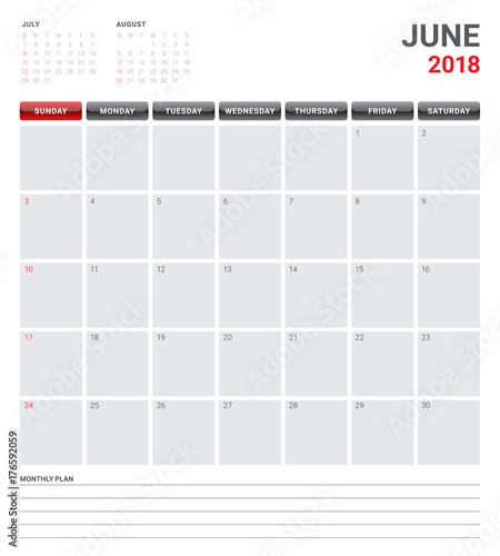 June 2018 calendar planner vector illustration