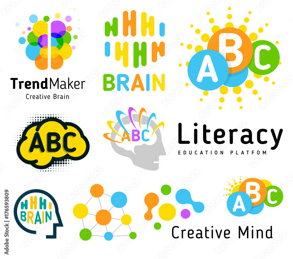 Creative brain. Genius school. Human development. Skill up. Linear vector logo set.