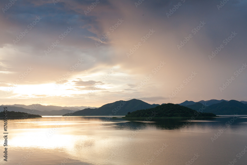 Sunset on the lake and beautiful reflection and sky, Keang Krachan Dam, Petchaburee, Thailand