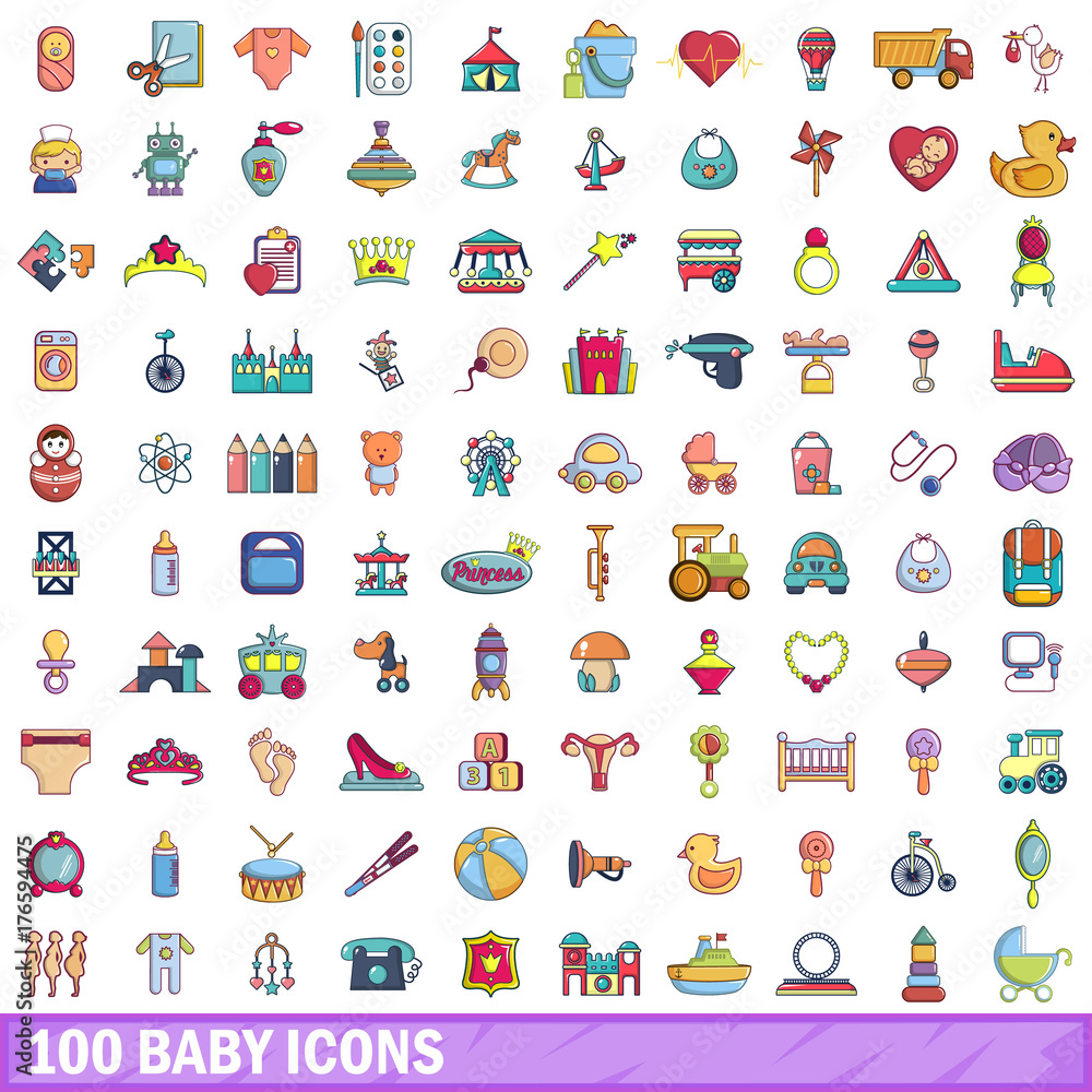 100 baby icons set, cartoon style 100 baby icons set, cartoon style