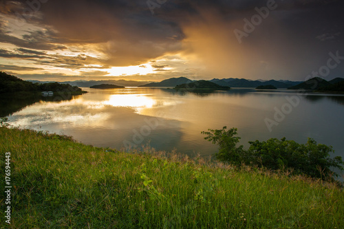 Sunset light and beautiful reflection on lake for beautiful nature