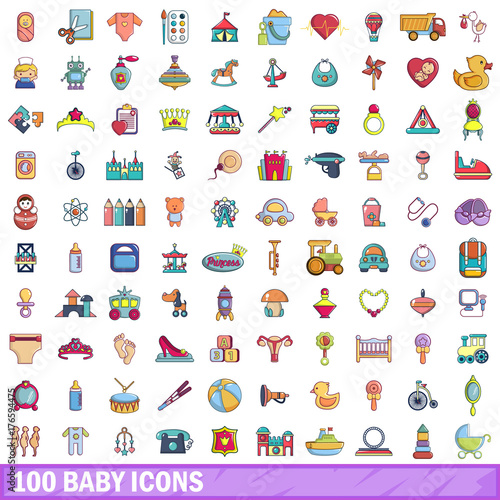 100 baby icons set, cartoon style 