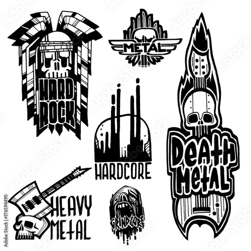 Heavy rock music badge vector vintage labels with punk skull symbols hard sound sticker print emblem illustration
