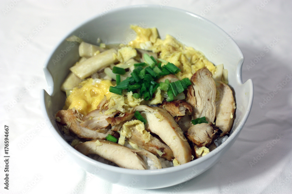 Baked chicken with eggs and mushrooms, topped with onion on the rice in the white bowl, on the white fabric. Fusion food of perfumed chicken and eggs with rice in the whiter container of food.