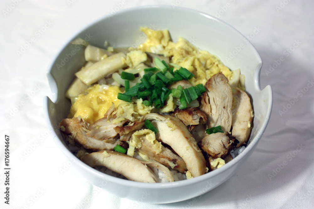 Baked chicken with eggs and mushrooms, topped with onion on the rice in the white bowl, on the white fabric. Fusion food of perfumed chicken and eggs with rice in the whiter container of food. Baked chicken with eggs and mushrooms, topped with onion on the rice in the white bowl, on the white fabric. Fusion food of perfumed chicken and eggs with rice in the whiter container of food.