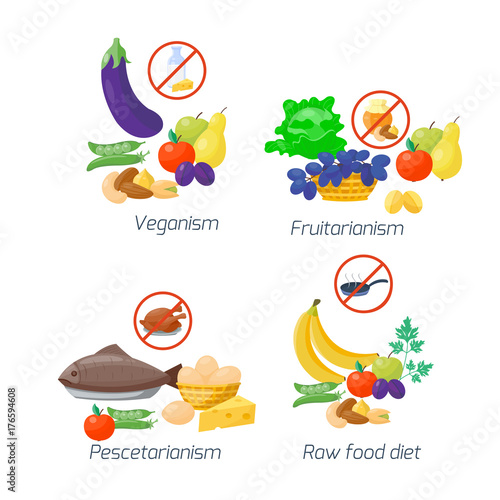 Food diet types vector illustration healthy nutrition concept fruits and vegetables kitchen menu cooking ingredient organic lifestyle.