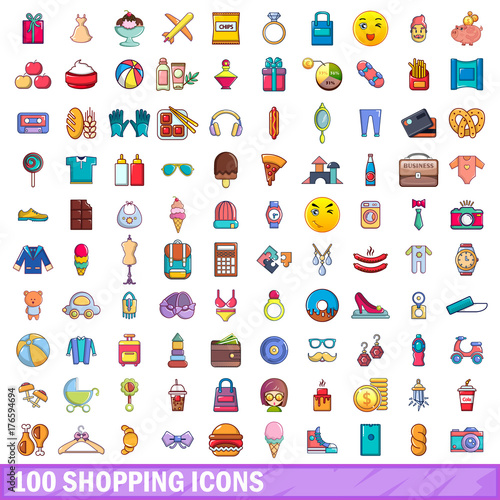 100 shopping icons set, cartoon style 