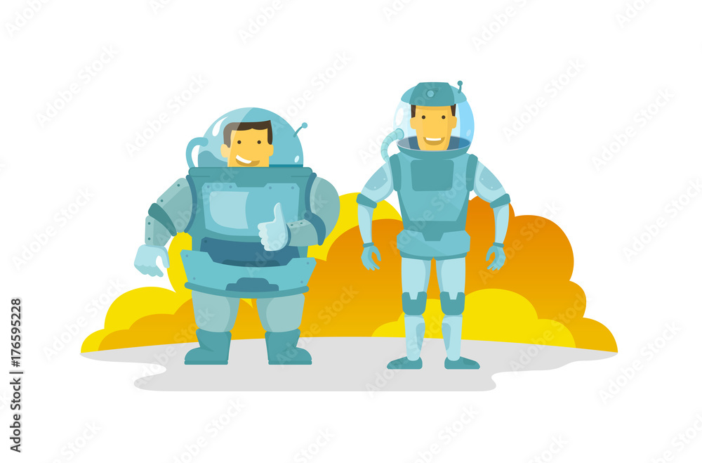 Two cosmonauts in the spacesuit., fat and thin. Shows the finger up. Happy and smiling. new planet. Two cosmonauts in the spacesuit., fat and thin. Shows the finger up. Happy and smiling. new planet.