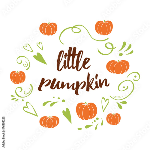 Little pumpkin - baby shower hand drawn fall design with green cute ornament