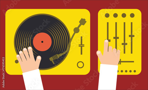 Turntable and mixer with dj hands modern music flat concept vector illustration