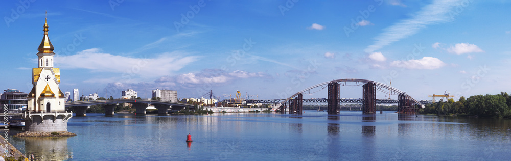 Panorama of the river dnepr with bridges and church at Kiev