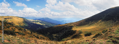 Mountains Karpaty and yellow hills panorama