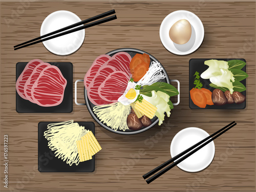 Tablou pe pânză illustration vector of Japanese Sukiyaki with high-quality Japanese beef,egg, no