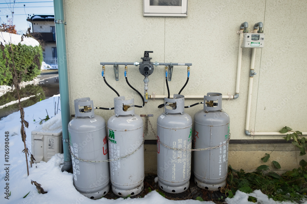Gas tank for household supply facilities in winter at Japan. Gas tank for household supply facilities in winter at Japan.