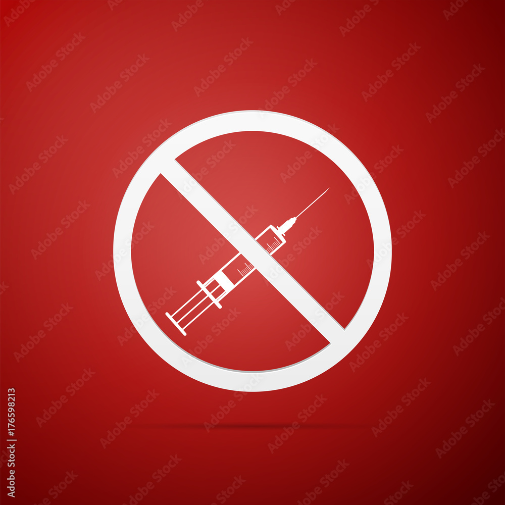 No syringe sign . No vaccine icon isolated on red background. Flat design. Vector Illustration No syringe sign . No vaccine icon isolated on red background. Flat design. Vector Illustration