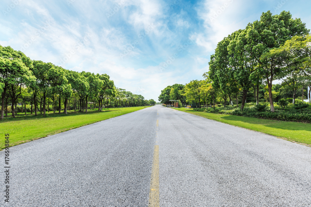 asphalt road and green forest under the blue sky asphalt road and green forest under the blue sky
