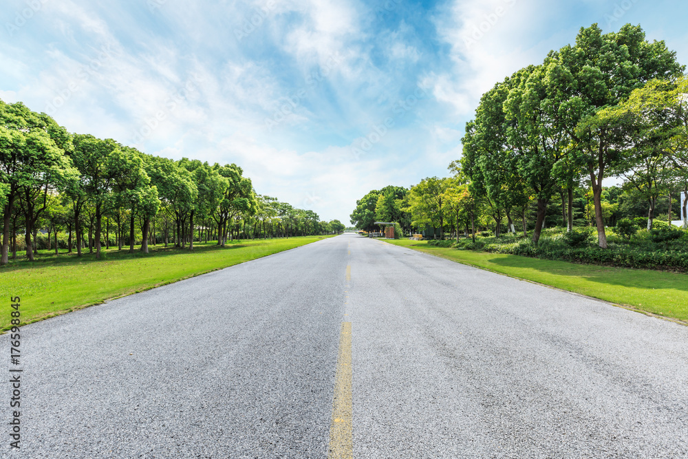 asphalt road and green forest under the blue sky