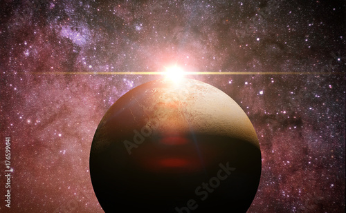 Fototapeta Naklejka Na Ścianę i Meble -  dwarf planet Pluto in front of the colorful Milky Way galaxy and the Sun
