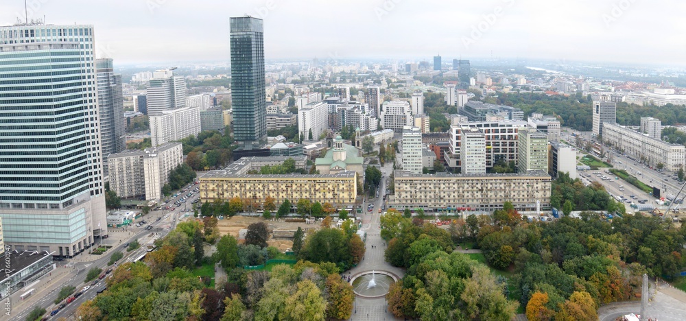 Aerial panorama of Warsaw, Poland.