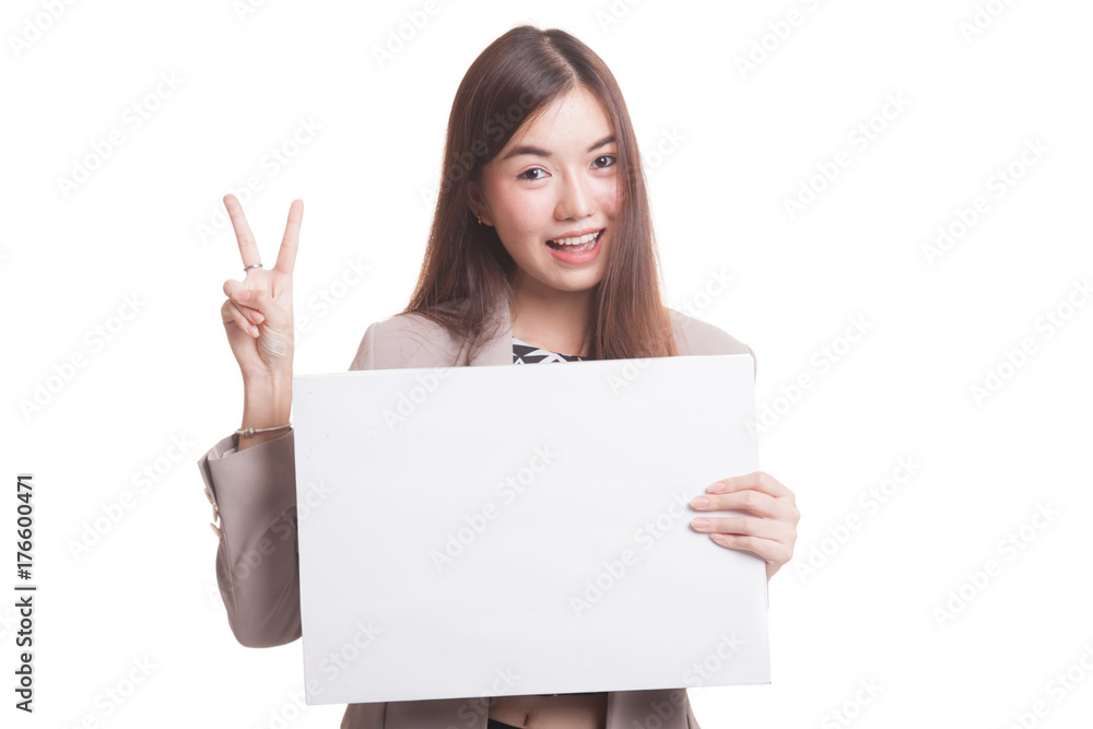 Young Asian business woman show victory sign with blank sign.