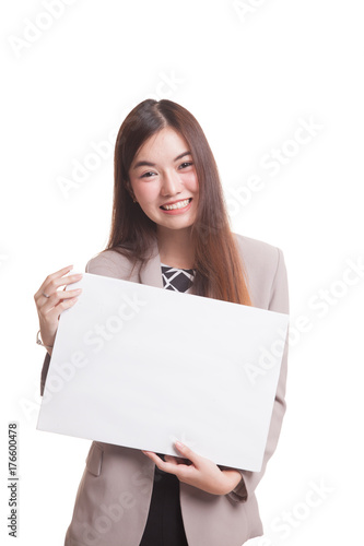 Young Asian woman with white blank sign.