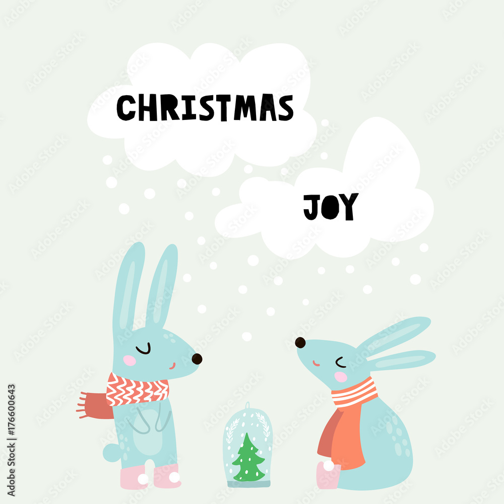 Cute winter greeting background with rabbits. Holiday and christmas illustration. It can be used for greeting card, posters, apparel Cute winter greeting background with rabbits. Holiday and christmas illustration. It can be used for greeting card, posters, apparel