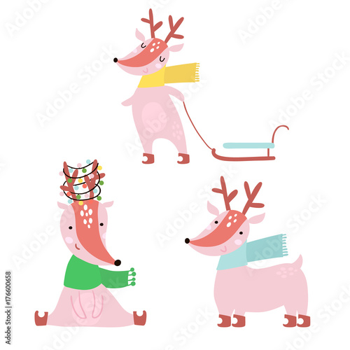 Cartoon winter deers set. Holiday clipart. Cute dears vector characters