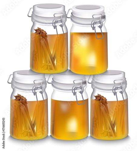 Honey jar realistic Vector illustration. Cinnamon flavor