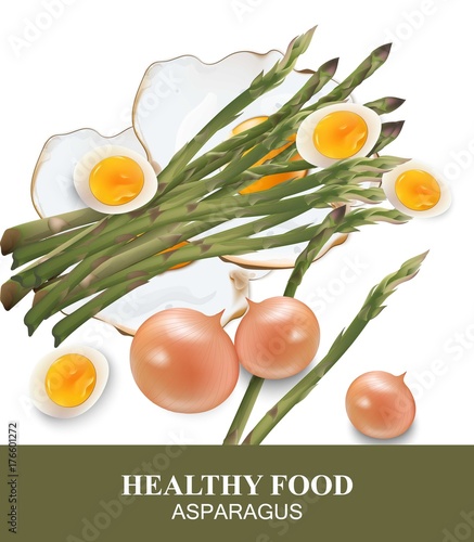 Asparagus and eggs Healthy food Vector illustration for menu, print, label, f...
