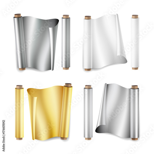 Foil Roll Set Vector. Aluminium, Metal, Gold, Baking Paper. Close Up Top View. Opened And Closed. Realistic Illustration Isolated On White
