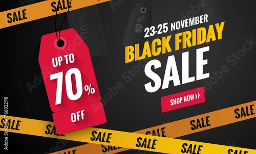 Black friday sale black and yellow banner.Sale poster with price tags and yellow caution tape. Vector illustration.