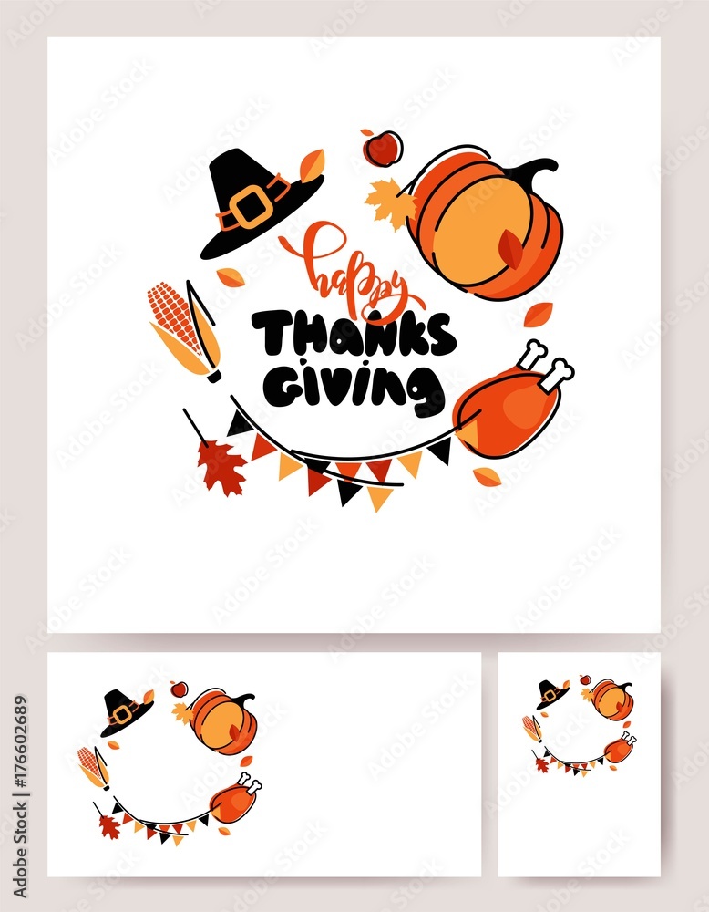 Set of Thanksgiving posters, banners, backgrounds, flyers. Holiday cute symbols and hand lettering. Vector illustration