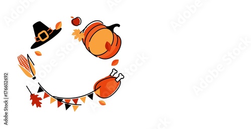 Thanksgiving poster, banner, background, flyer. Holiday cute symbols isolated on white. Vector illustration