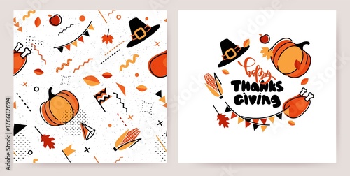 Thanksgiving invitation cards in 80s memphis style. Happy thanksgiving posters. Vector illustration
