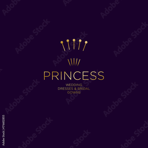 Sewing Studio logo. Wedding Dresses & Bridal Gowns. Gold pins logo as princess crown.