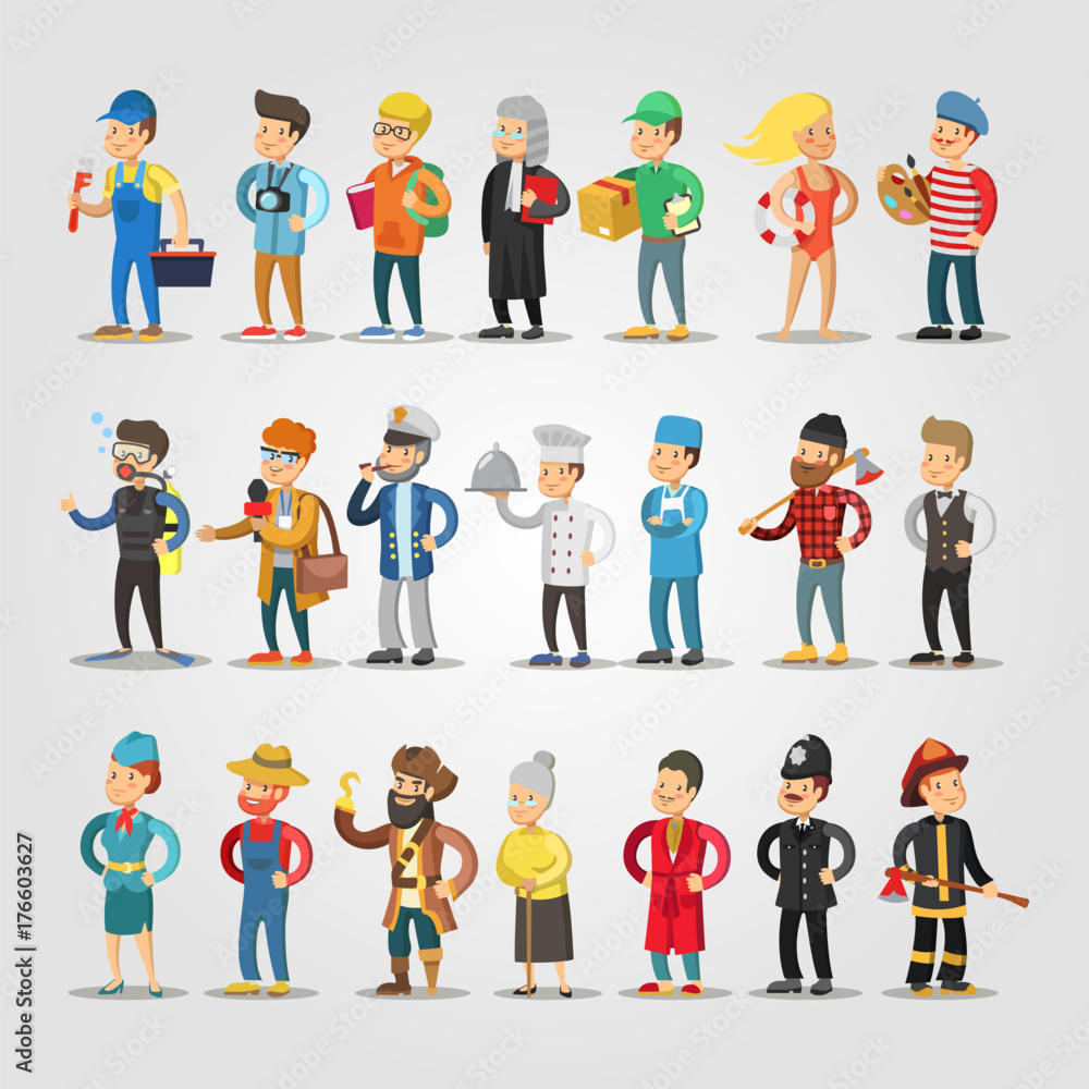 Cartoon People Professions Set with Doctor, Judge, Student, Repairer, Chief, Farmer. Vector illustration