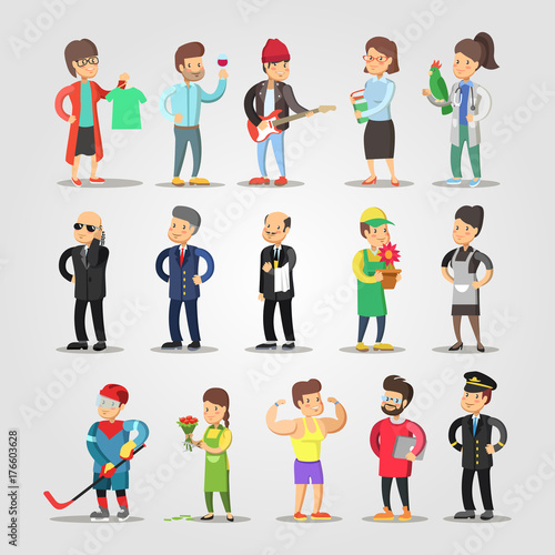 Cartoon People Professions Set with Musician, Gardener, Fashion Designer, Teacher, Florist. Vector illustration