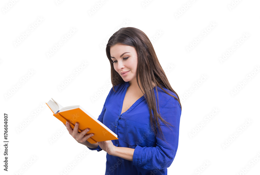 Woman in blue reading a book, isolated Woman in blue reading a book, isolated
