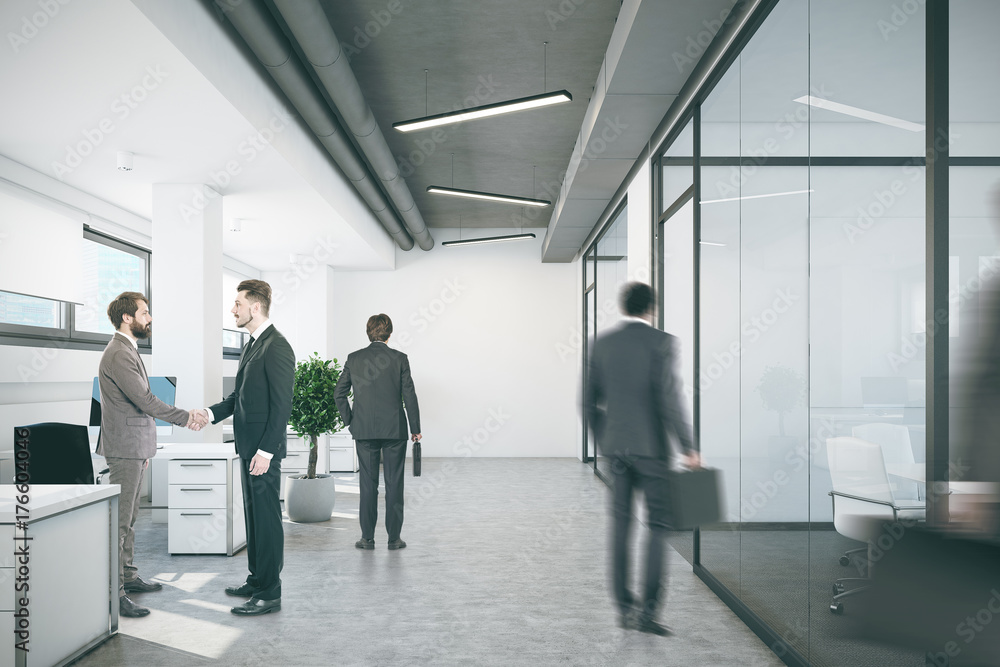 Open space office,glass and white walls, people Open space office,glass and white walls, people
