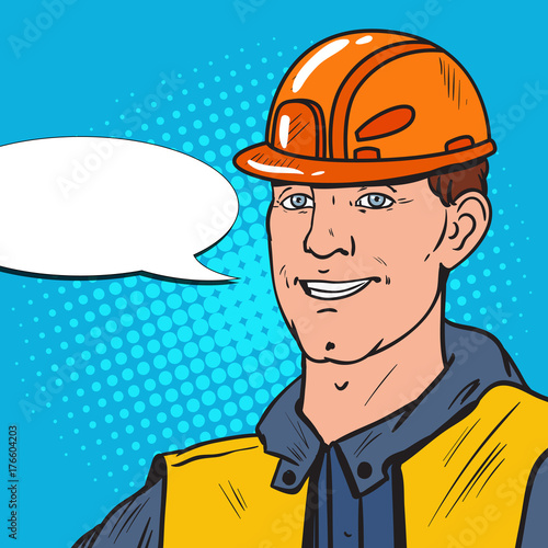 Pop Art Smiling Industrial Worker. Man in Uniform and Helmet. Vector illustration