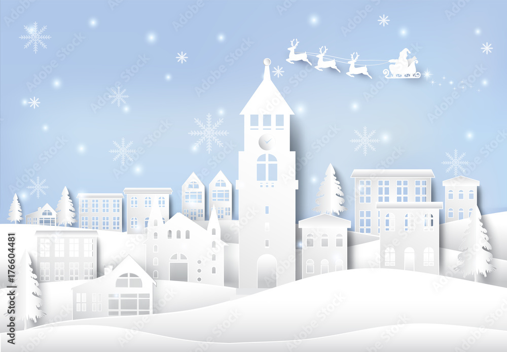 Winter holiday, santa and snowflake in city town paper art background. Christmas season paper cut style illustration
