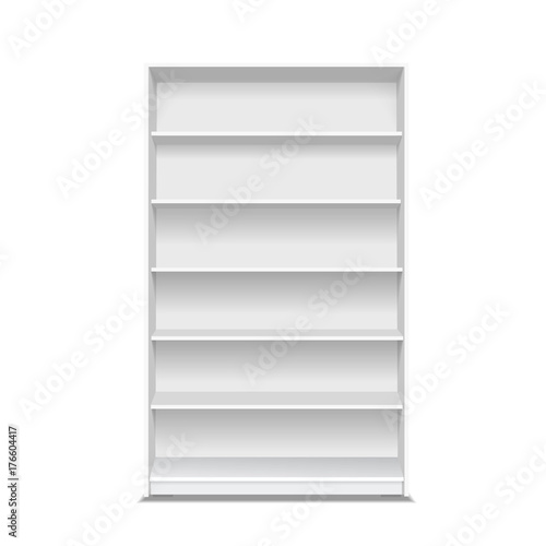 Empty store shelves. White showcase supermarket display. Retail shelf mock up vector