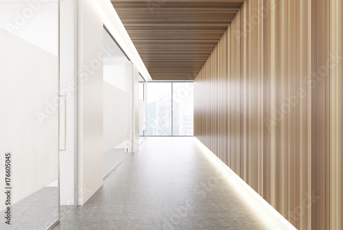 White and wooden office corridor