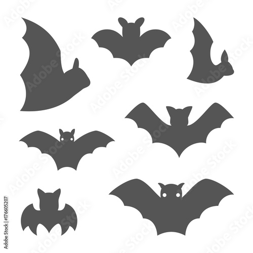 Set of cute vampire bat in flat style including front, side view of silhouette symbol icon. October Halloween celebration concept. Vector illustration